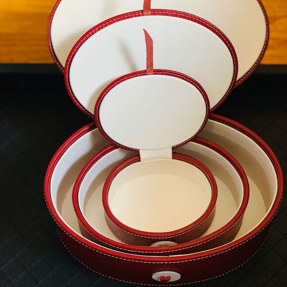 Swing Set of 3 Red Leather Oval Boxes - Picture 3 of 6